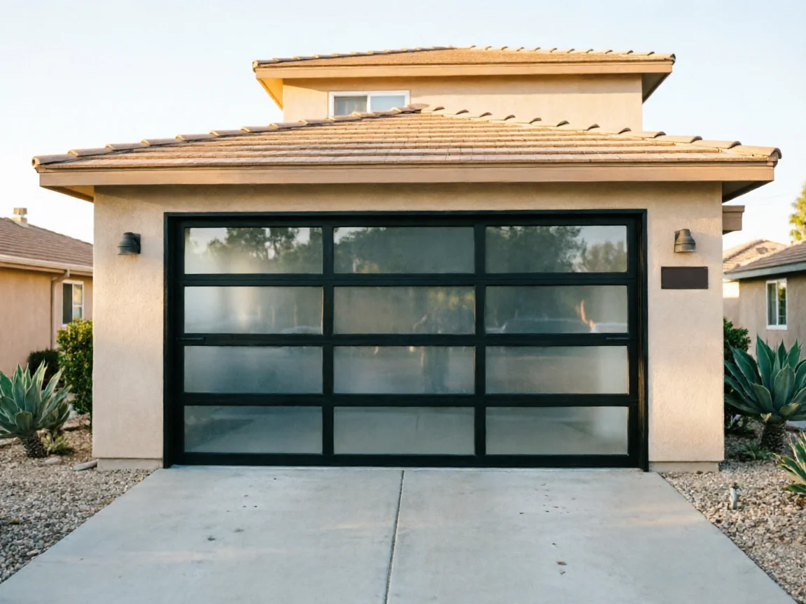 A modern garage door with frosted glass panels and a black frame on a tan house.