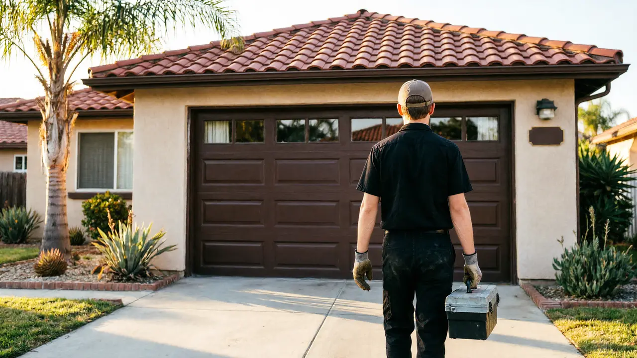 A technician walks towards a brown garage door with a toolbox in hand.