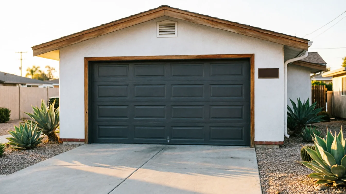 The house has a dark gray garage door with panels and a light brown trim.