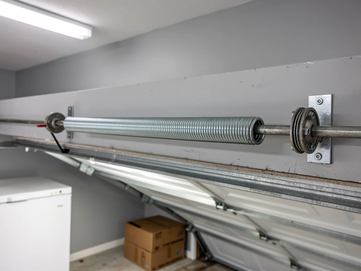 A torsion spring is mounted above an open garage door in a gray garage.