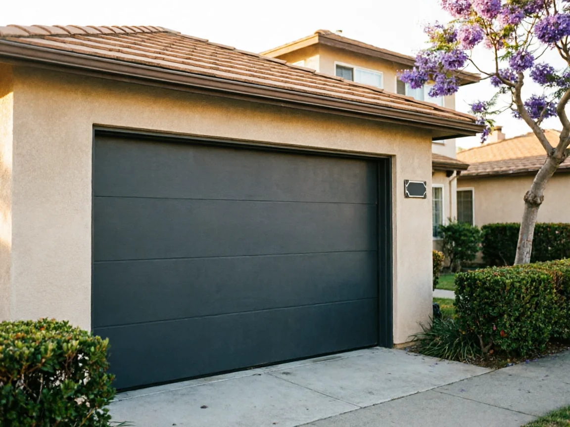 A dark gray garage door is on a tan house with a brown roof.