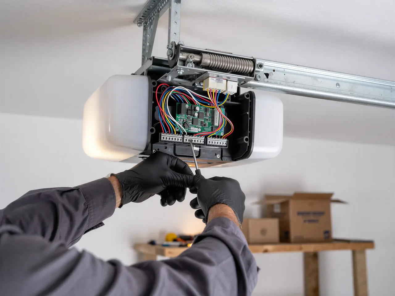 A technician in black gloves repairs a garage door opener with a screwdriver.