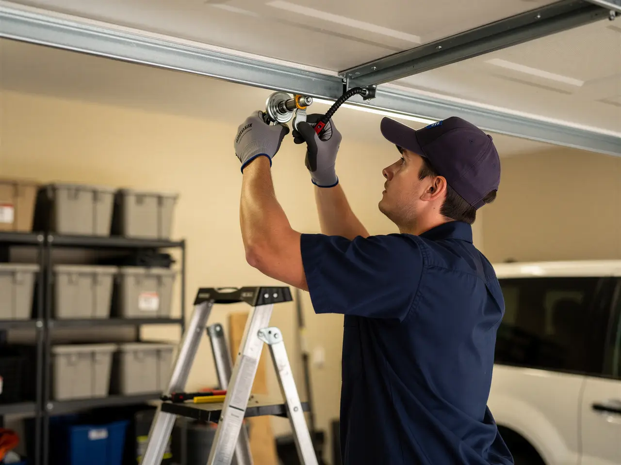 A technician on a ladder works on a garage door roller and track.