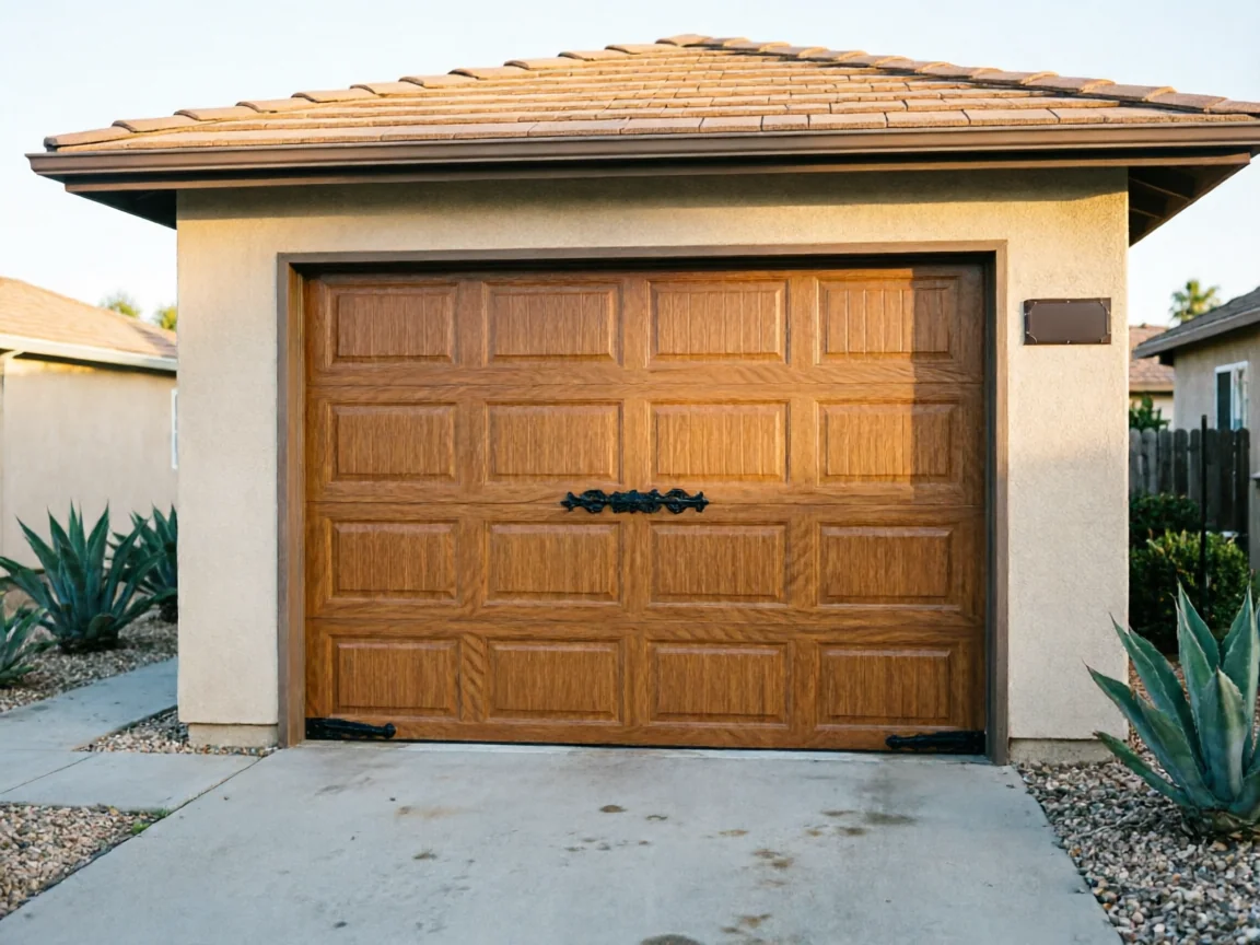 A brown paneled garage door with decorative black hardware is on a tan house.